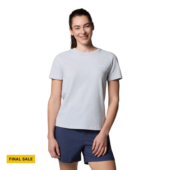 Light gray short-sleeve crewneck shirt on a model, with a FINAL SALE label.