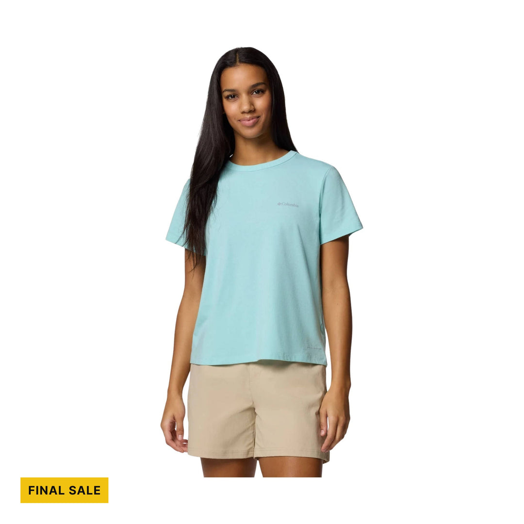 Light blue short-sleeve crewneck shirt on a model, with a yellow FINAL SALE tag.