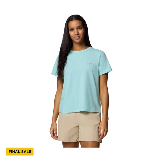 Light blue short-sleeve crewneck shirt on a model, with a yellow FINAL SALE tag.