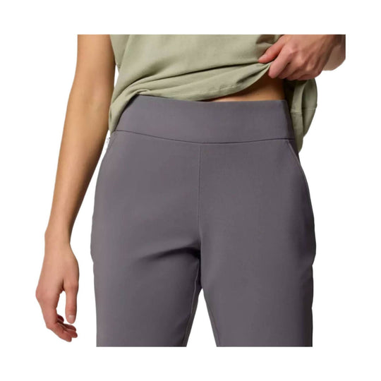 Gray high-waisted capri pants on a model, shown from the waist down