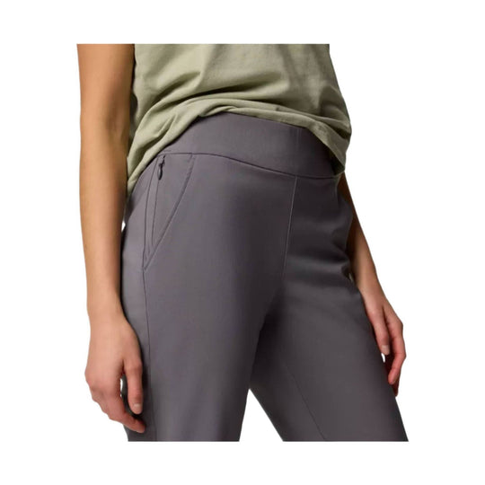 Gray women’s capri pants with a high waist, seam detailing, and a small zip pocket