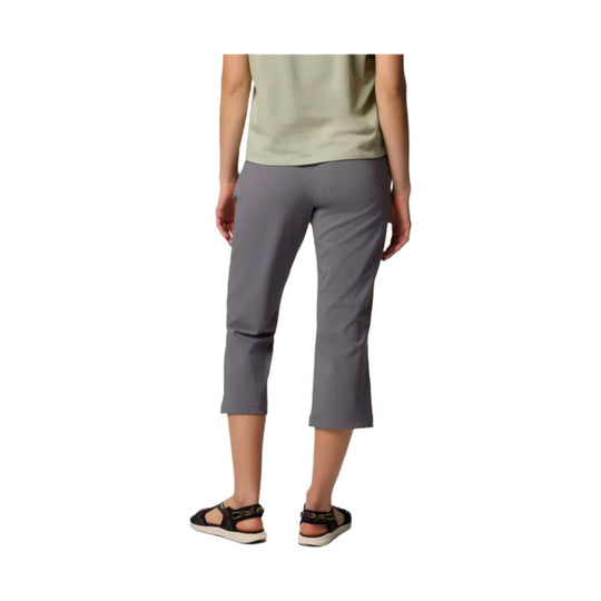 Gray mid-calf capri pants worn by a model, back view