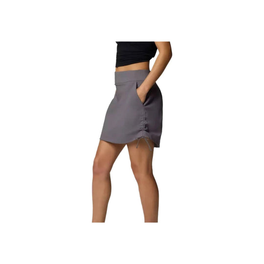 Gray ruched skort with side pockets and drawstring hem, shown on a model