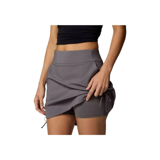 Gray ruched skort with high waistband and side drawstring