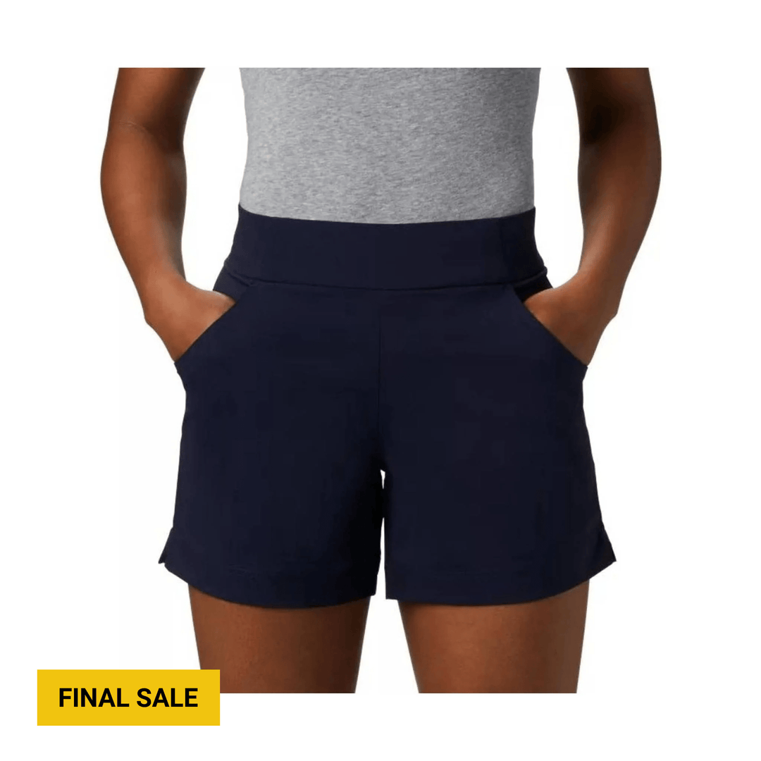 Navy women’s athletic shorts with side pockets and a wide waistband