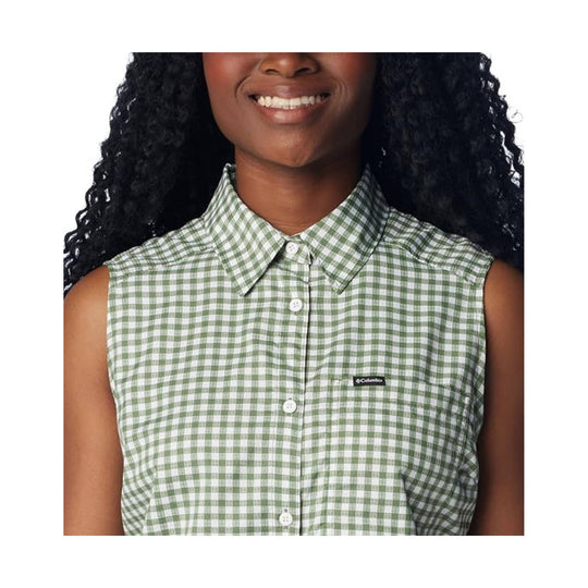 Sleeveless green-and-white gingham button-up shirt with pointed collar and Columbia logo patch