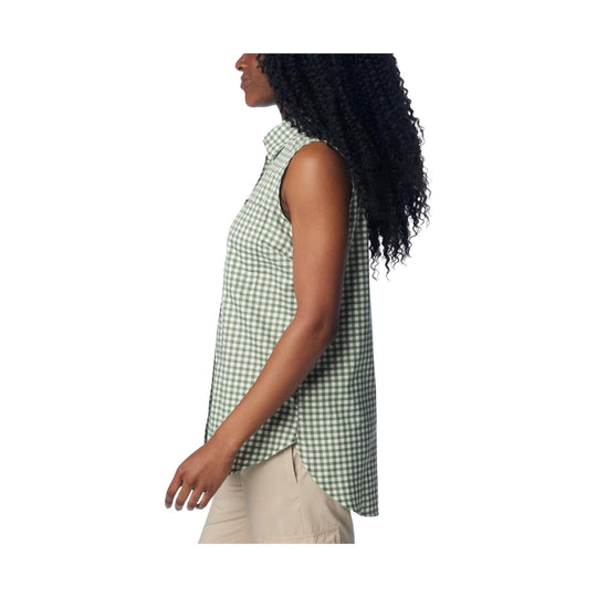 Sleeveless green gingham button-up tank with a collared neckline and curved hem