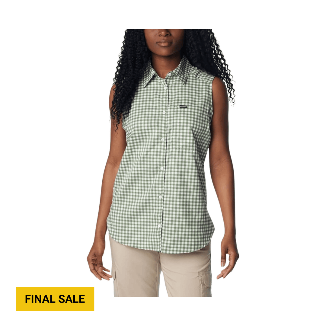 Green-and-white gingham sleeveless button-up shirt on a model