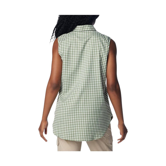 Green-and-white gingham sleeveless button-up shirt shown from the back