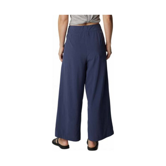 Navy wide-leg pants shown from the back on a model