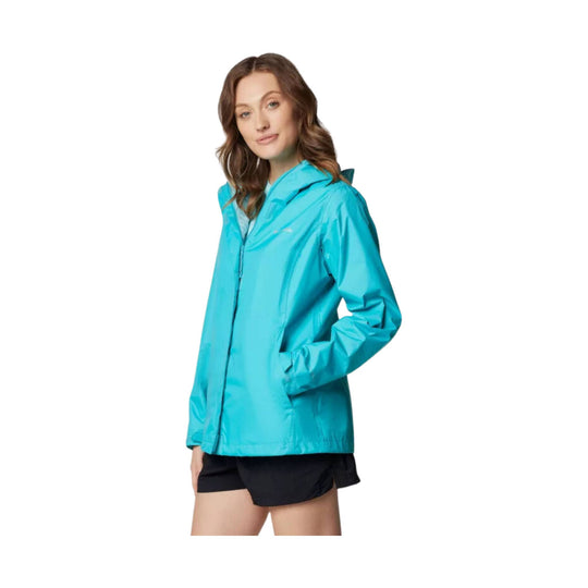 Turquoise hooded zip-front rain jacket with long sleeves and side pockets