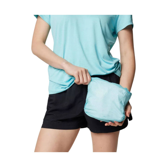 Light blue hooded jacket packed into a matching pouch, shown on a model with the jacket folded in hand