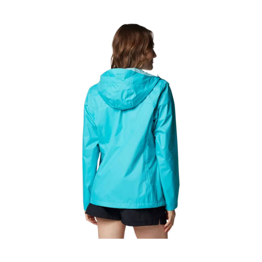 Turquoise hooded rain jacket shown from the back