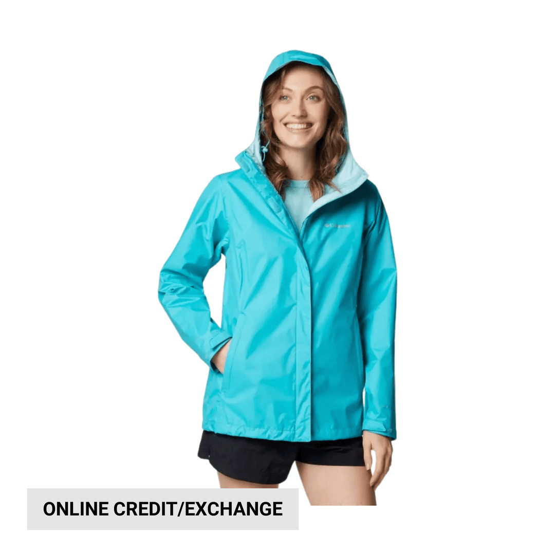 Teal hooded rain jacket with front zipper and hand pockets, shown on a model