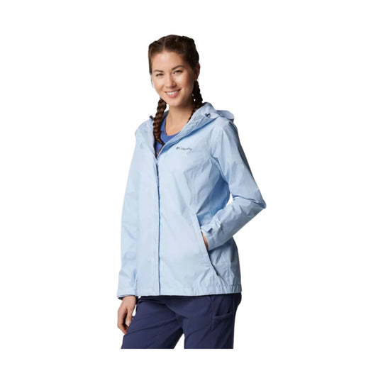 Light blue hooded women's rain jacket with zipper front and hand pockets