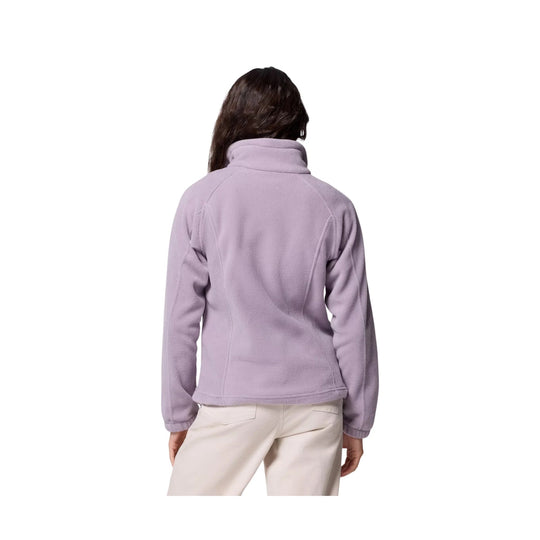 Lavender fleece jacket shown from the back with a high collar and long sleeves