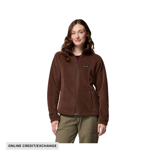 Brown full-zip fleece jacket with a stand collar and side pockets, worn with olive pants