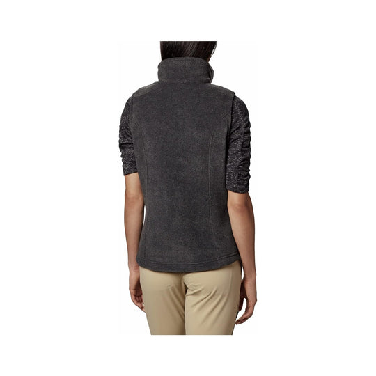 Charcoal gray sleeveless fleece vest shown from the back over a long-sleeve shirt