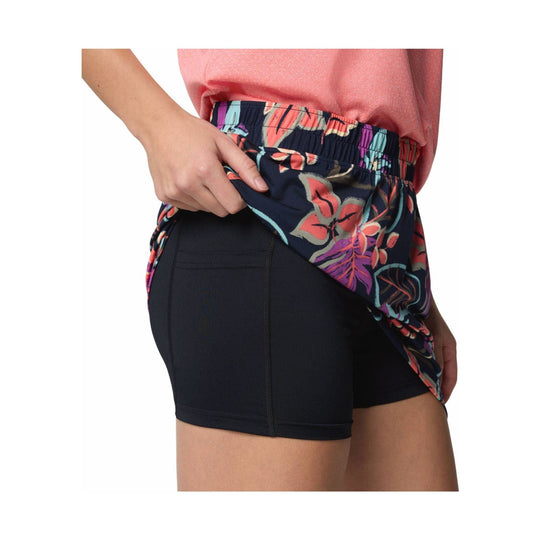 Black athletic skort with a colorful floral print overlay and built-in shorts