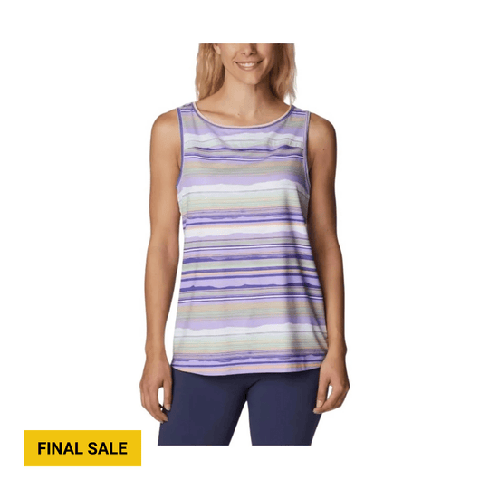 Sleeveless striped tank top in pastel purple tones on a model, with a FINAL SALE label