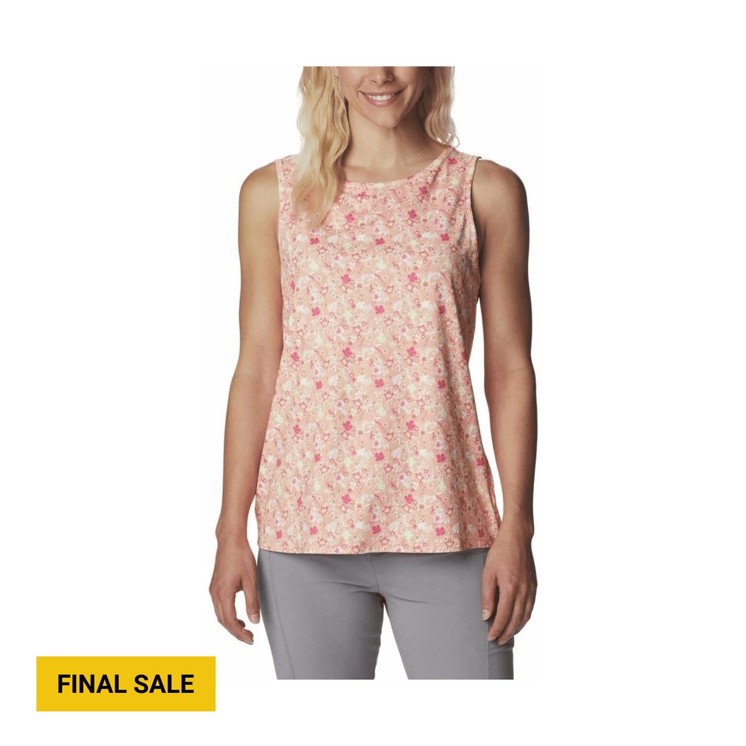Sleeveless peach floral tank top with a scoop neckline, shown on a model, with a yellow FINAL SALE badge