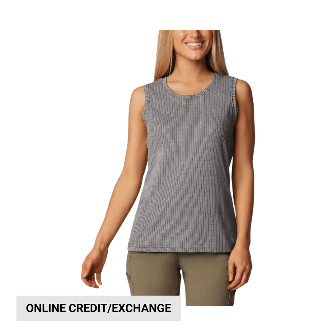Gray ribbed sleeveless tank top on a model with visible text: ONLINE CREDIT/EXCHANGE