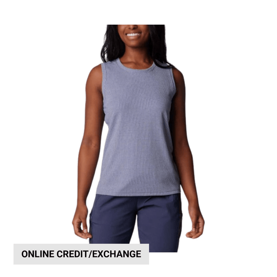 Sleeveless light blue ribbed tank top with crew neck, shown with navy pants