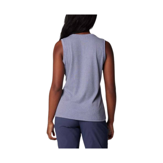 Sleeveless ribbed blue tank top shown from the back