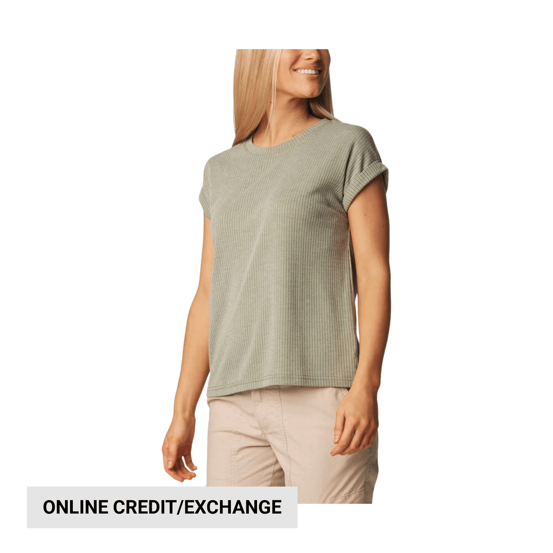 Light sage ribbed short-sleeve tee on a model