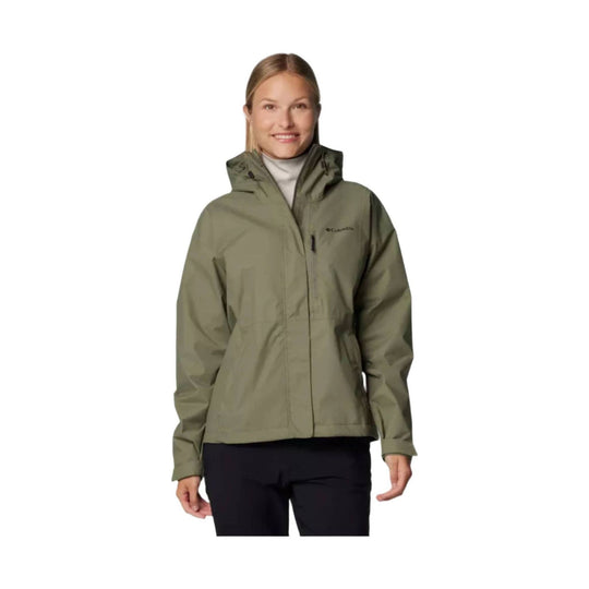 Olive hooded rain jacket with front zipper and side pockets
