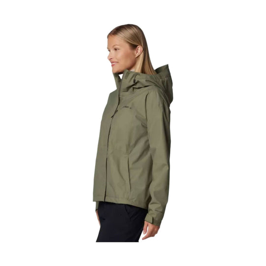 Olive hooded rain jacket shown in side profile on a model
