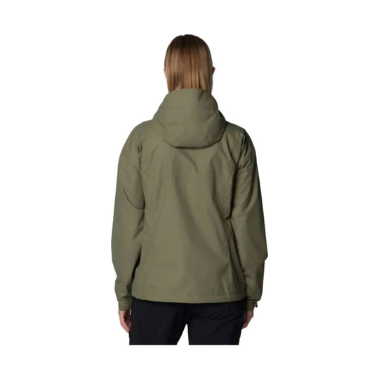 Olive hooded rain jacket shown from the back