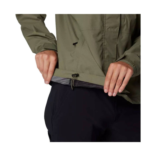 Olive hooded rain jacket with front flap pockets and adjustable hem drawcord
