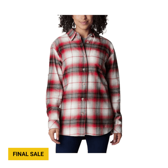 Red, gray, and white plaid button-up flannel shirt