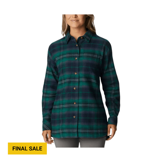 Green and navy plaid button-up flannel shirt with long sleeves
