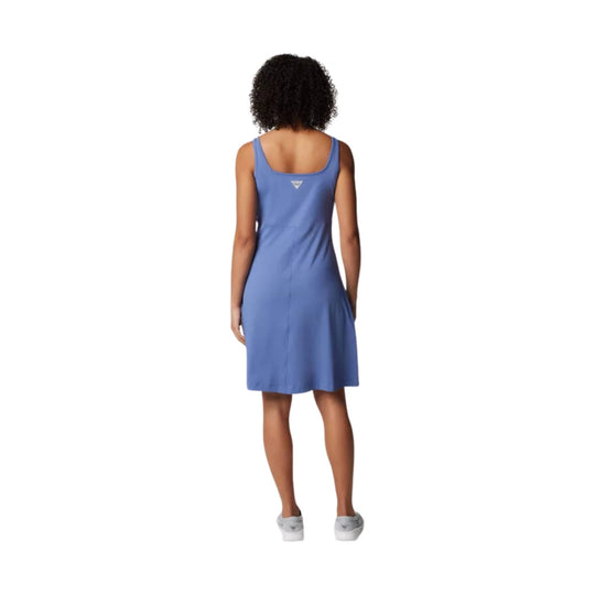 Blue sleeveless dress with a scoop back, shown from the back