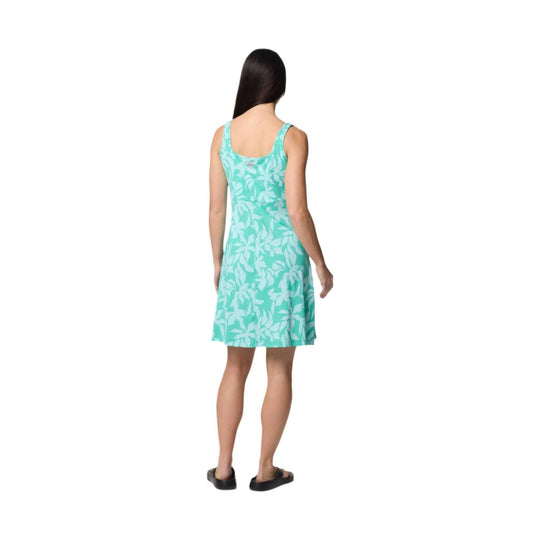 Mint green sleeveless floral dress shown from the back