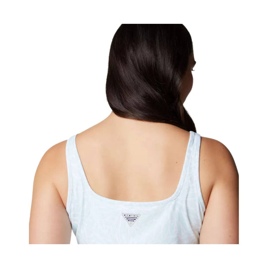 Light blue sleeveless dress with a scoop back and small logo at the upper back