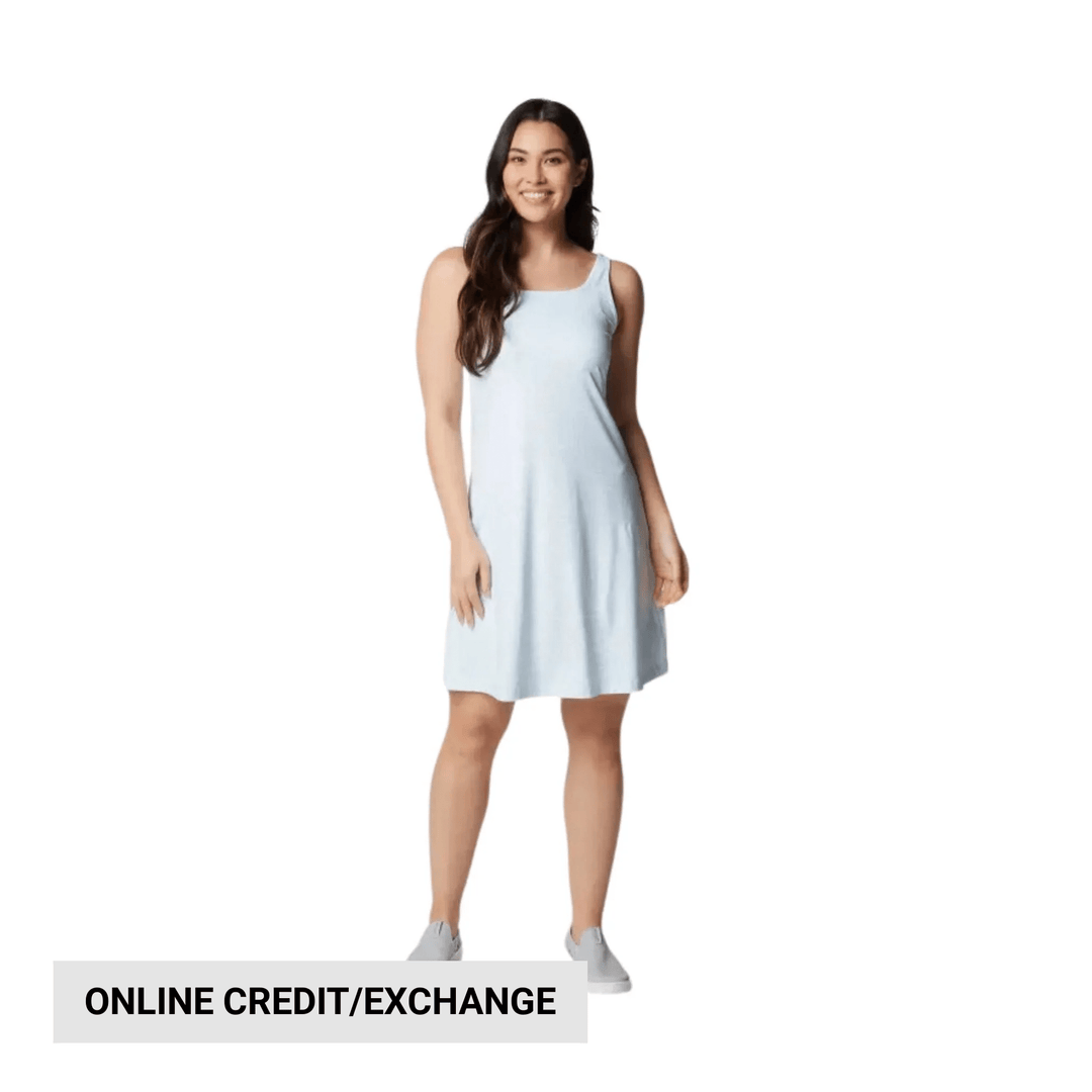 Light blue sleeveless dress on a model with a banner reading ONLINE CREDIT/EXCHANGE