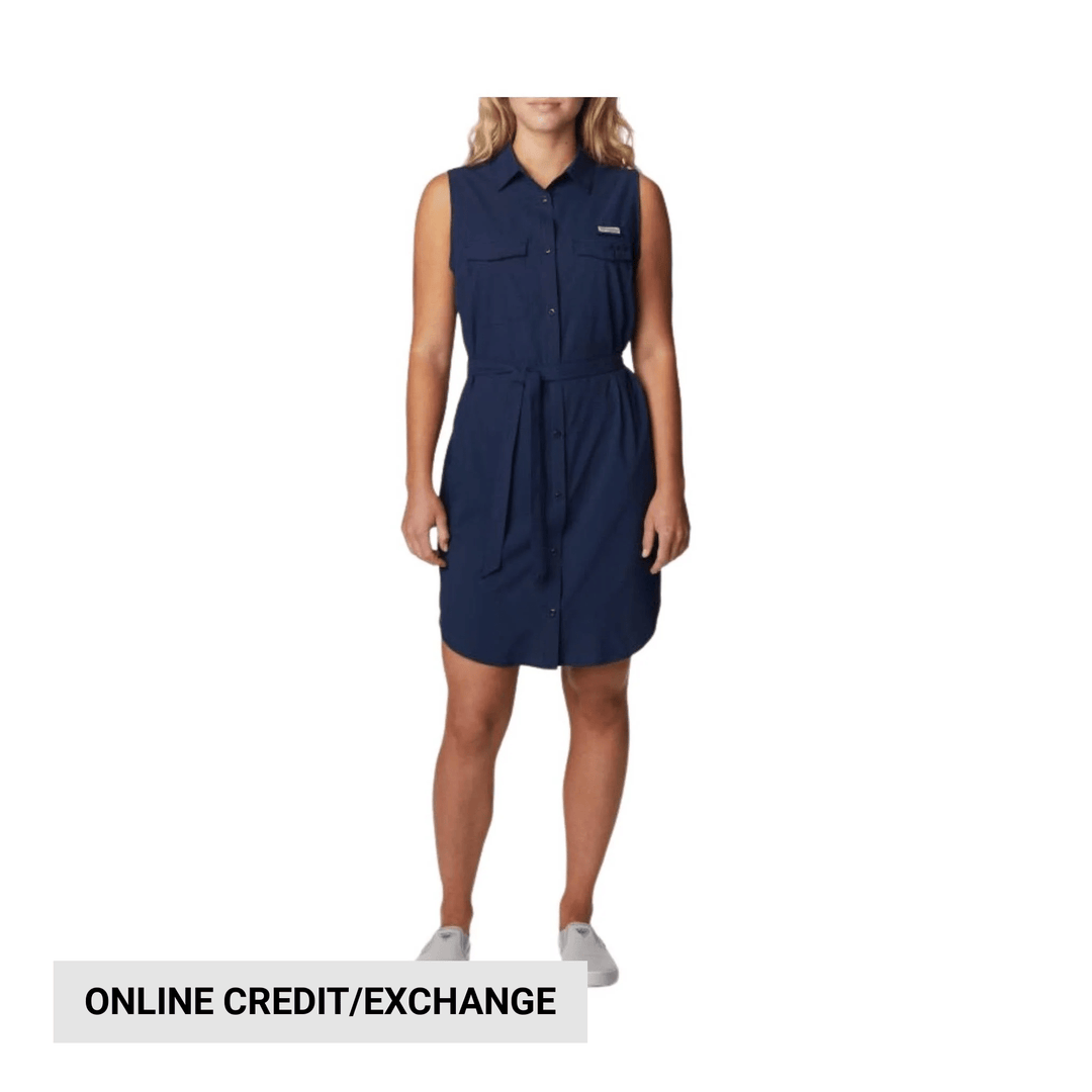 Navy sleeveless button-front dress with chest pockets, waist tie, and curved hem