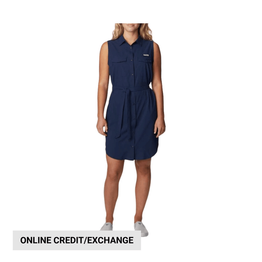 Navy sleeveless button-front dress with chest pockets, waist tie, and curved hem
