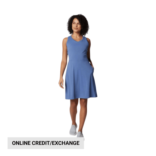 Blue sleeveless dress with a flared skirt on a model, with "ONLINE CREDIT/EXCHANGE" text at the bottom