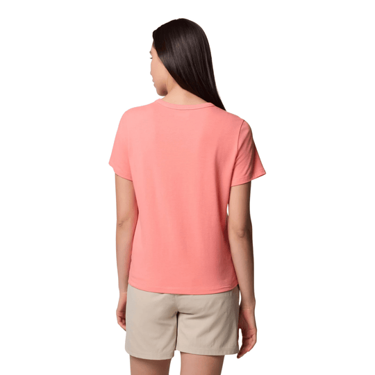 Coral short-sleeve crewneck shirt shown from the back