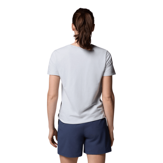 Light gray short-sleeve T-shirt shown from the back with navy shorts