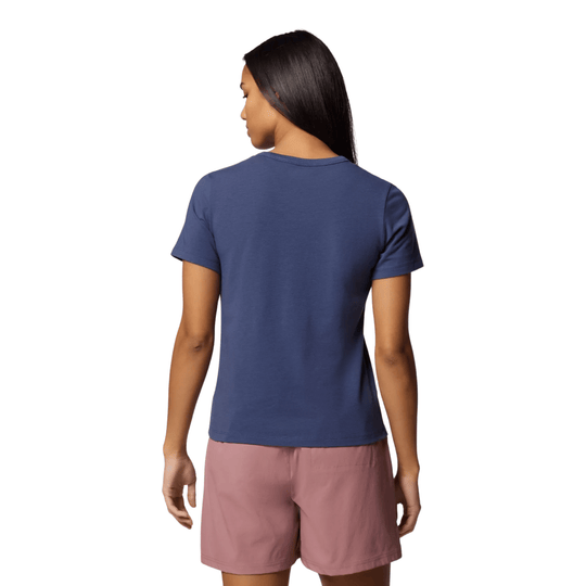Navy short-sleeve T-shirt shown from the back, worn with pink shorts