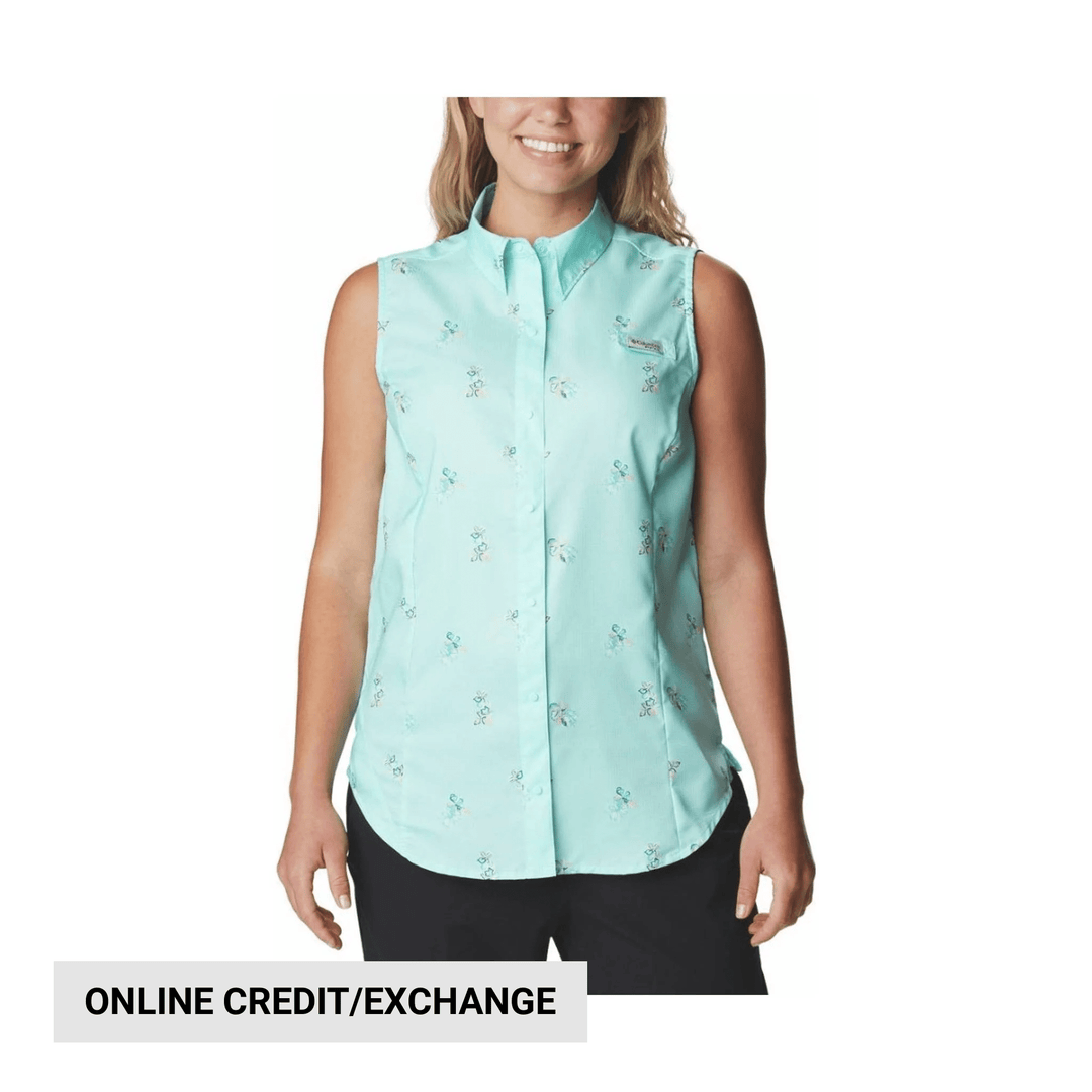 Mint sleeveless button-up shirt with small allover floral print