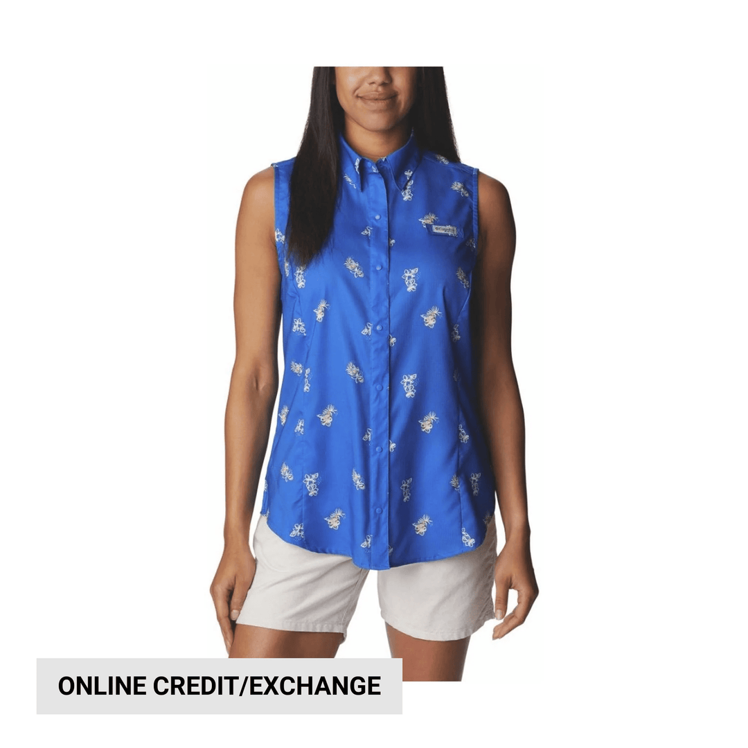 Blue sleeveless button-up shirt with white floral print and visible "ONLINE CREDIT/EXCHANGE" banner