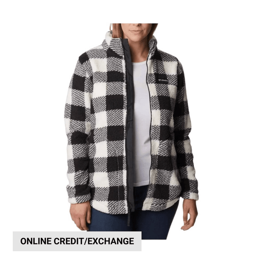 Black and white check fleece jacket with full zip, stand collar, and chest logo