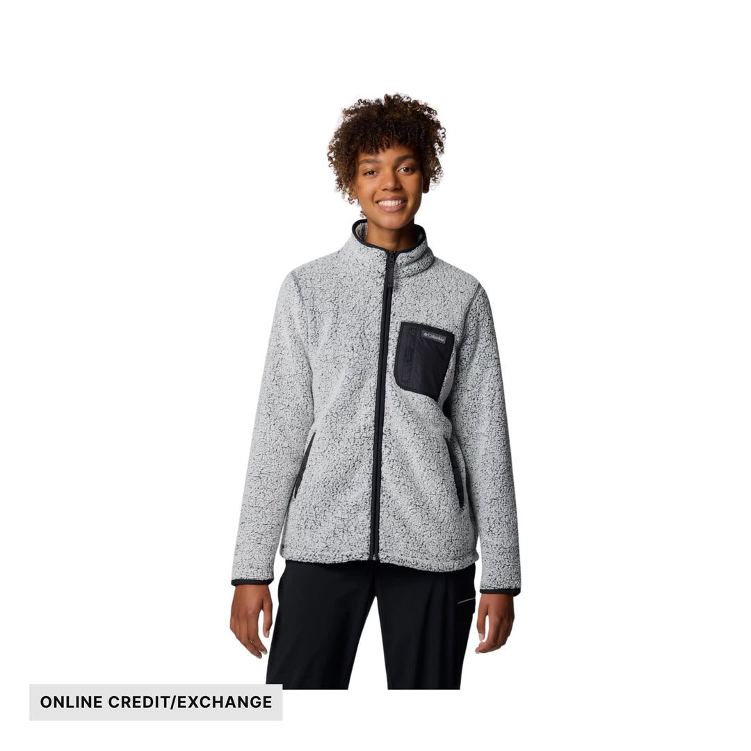 Light gray sherpa fleece jacket with black trim, chest pocket, and hand pockets