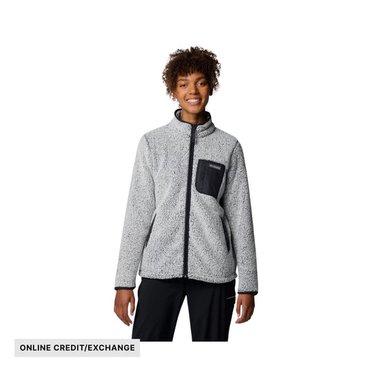 Light gray sherpa fleece jacket with black trim, chest pocket, and hand pockets